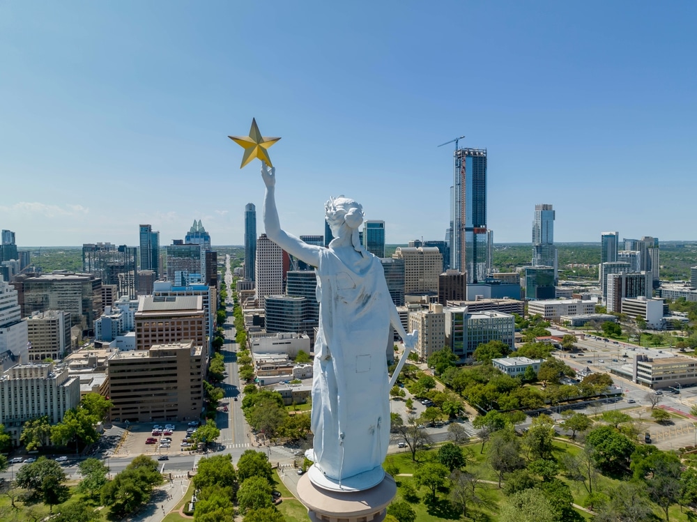 Vista aérea do edifício do Capitólio do estado do Texas na cidade de Austin, Texas