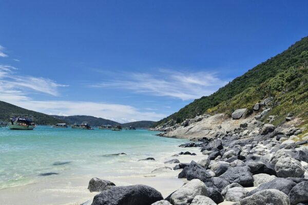 Praia paradisíaca em Arraial do Cabo com mar azul-turquesa, areia branca e formações rochosas no litoral do Rio de Janeiro